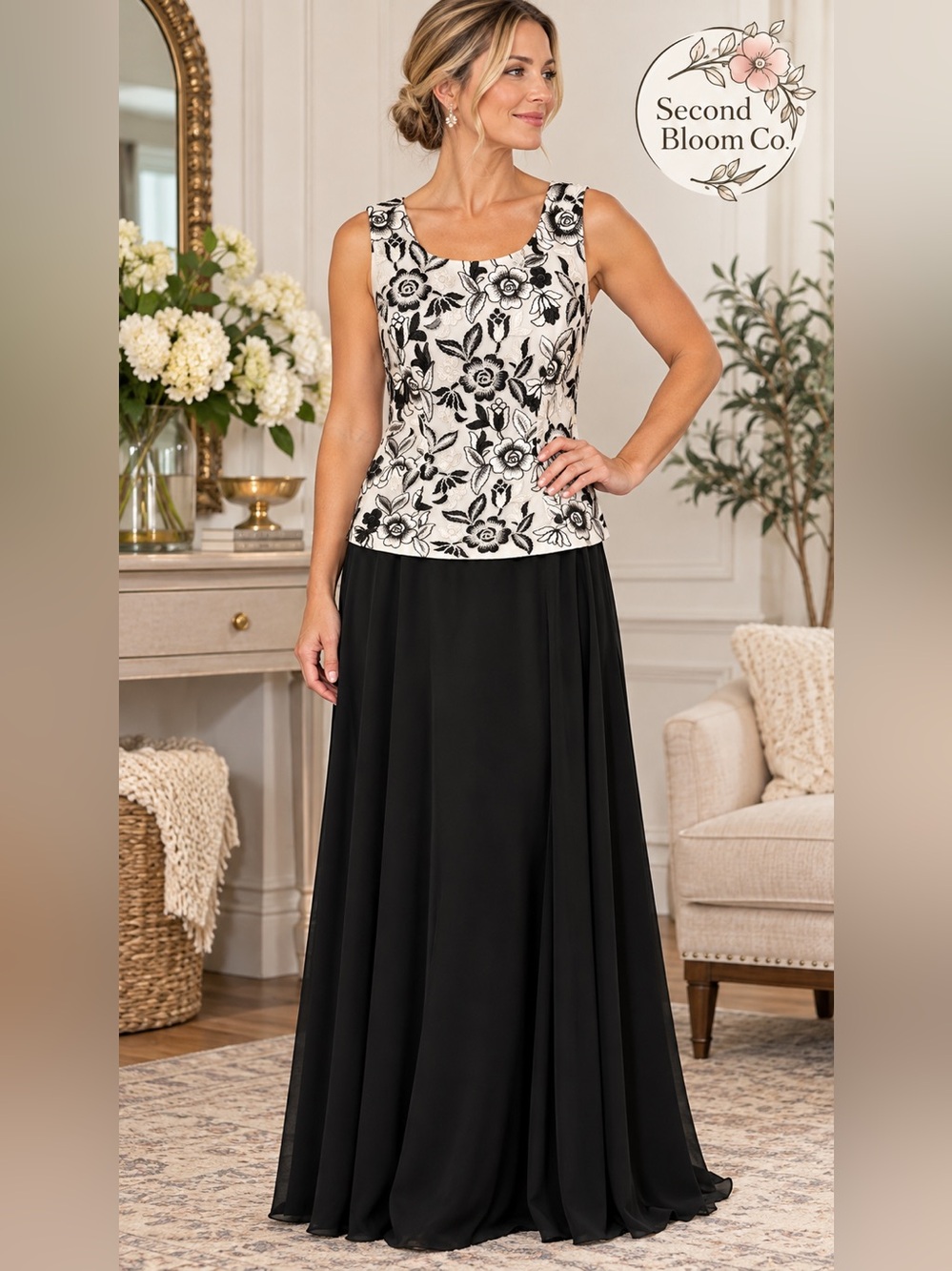 Alex Evenings Size 10 Black White Floral Embroidered Formal 2 piece  NWT